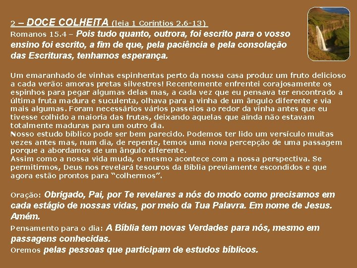 2 – DOCE COLHEITA (leia 1 Coríntios 2. 6 -13) Pois tudo quanto, outrora,