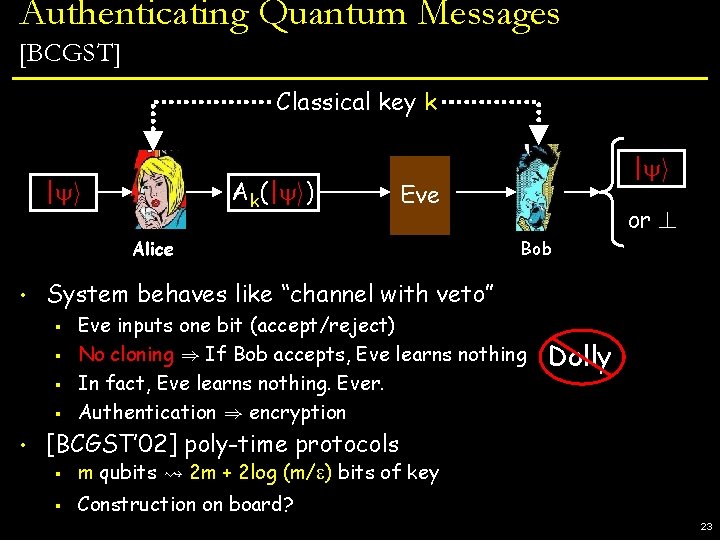 Authenticating Quantum Messages [BCGST] Classical key k | i Ak(| i) Eve Alice •