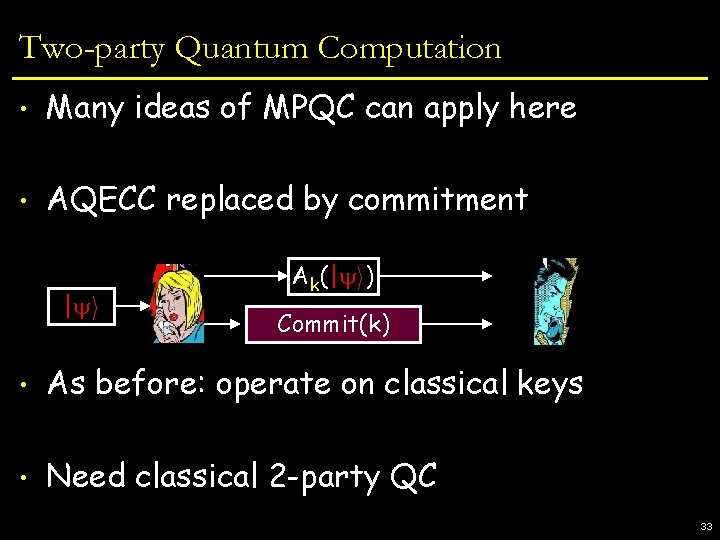 Two-party Quantum Computation • Many ideas of MPQC can apply here • AQECC replaced