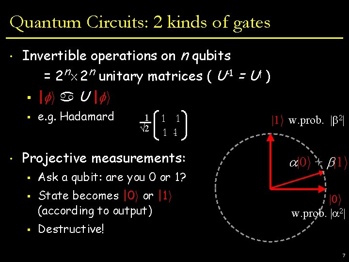 Quantum Circuits: 2 kinds of gates • • Invertible operations on n qubits =