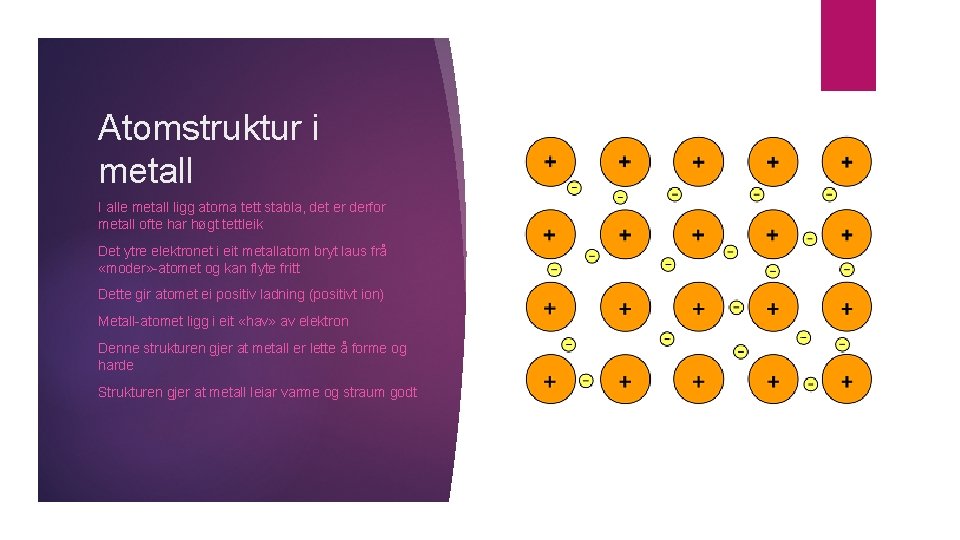 Atomstruktur i metall I alle metall ligg atoma tett stabla, det er derfor metall