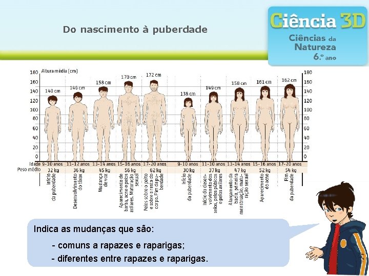 Do nascimento à puberdade Indica as mudanças que são: Descreve o que acontece ao