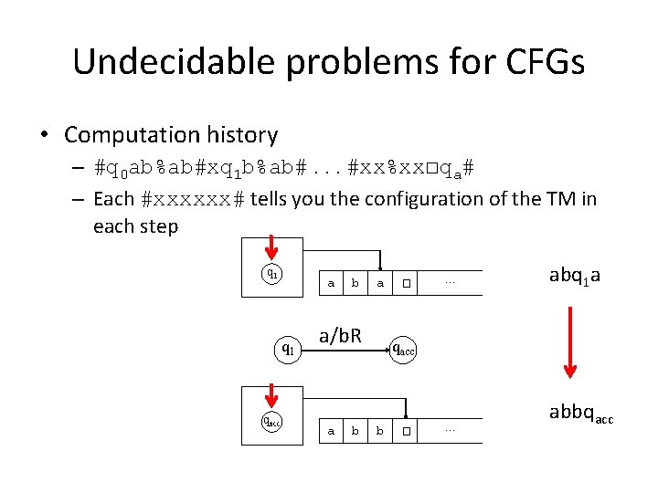 Undecidable problems for CFGs • Computation history – #q 0 ab%ab#xq 1 b%ab#. .