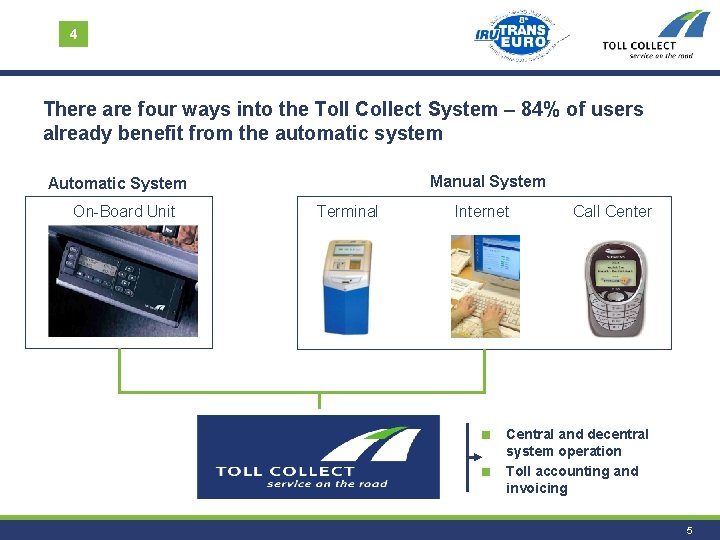 4 There are four ways into the Toll Collect System – 84% of users