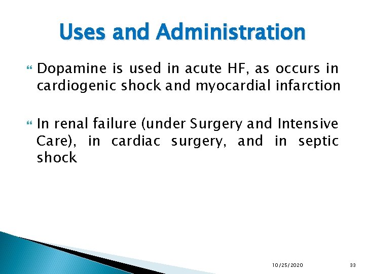 Uses and Administration Dopamine is used in acute HF, as occurs in cardiogenic shock