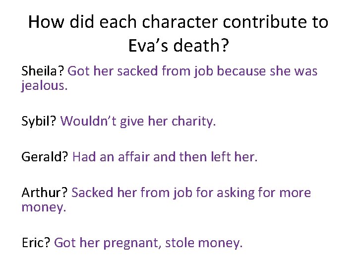 How did each character contribute to Eva’s death? Sheila? Got her sacked from job