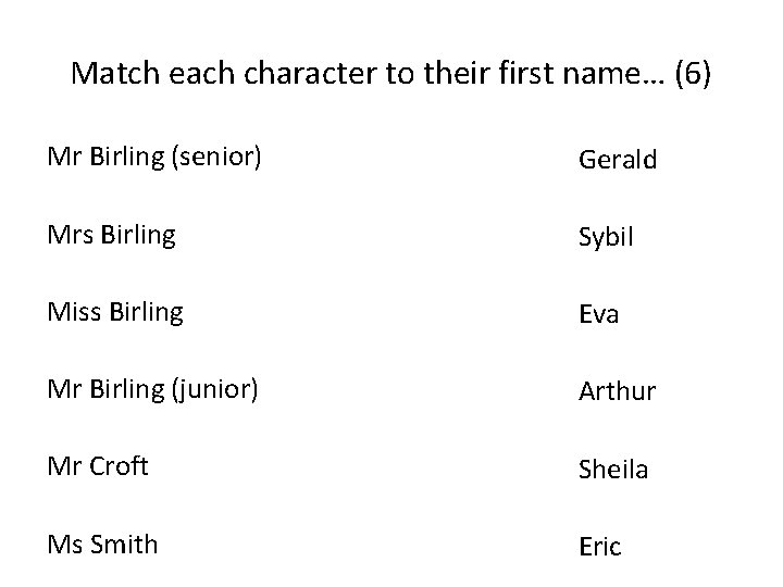 Match each character to their first name… (6) Mr Birling (senior) Gerald Mrs Birling