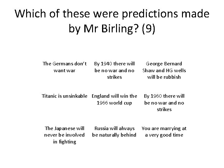 Which of these were predictions made by Mr Birling? (9) The Germans don’t want