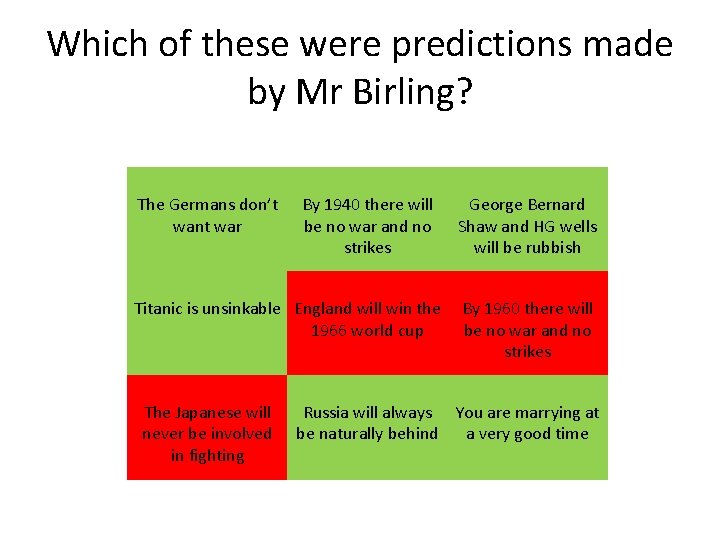 Which of these were predictions made by Mr Birling? The Germans don’t want war