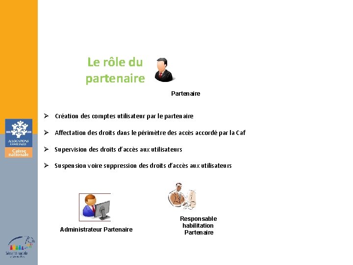Le rôle du partenaire Partenaire Ø Création des comptes utilisateur par le partenaire Ø