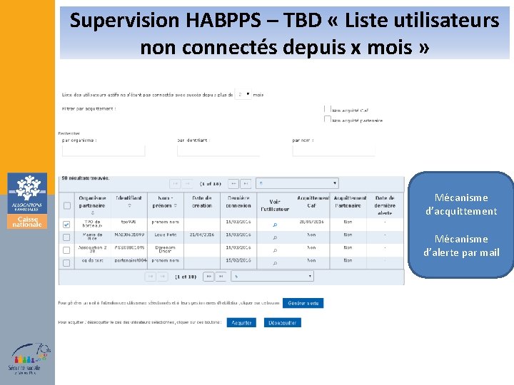 Supervision HABPPS – TBD « Liste utilisateurs non connectés depuis x mois » Mécanisme