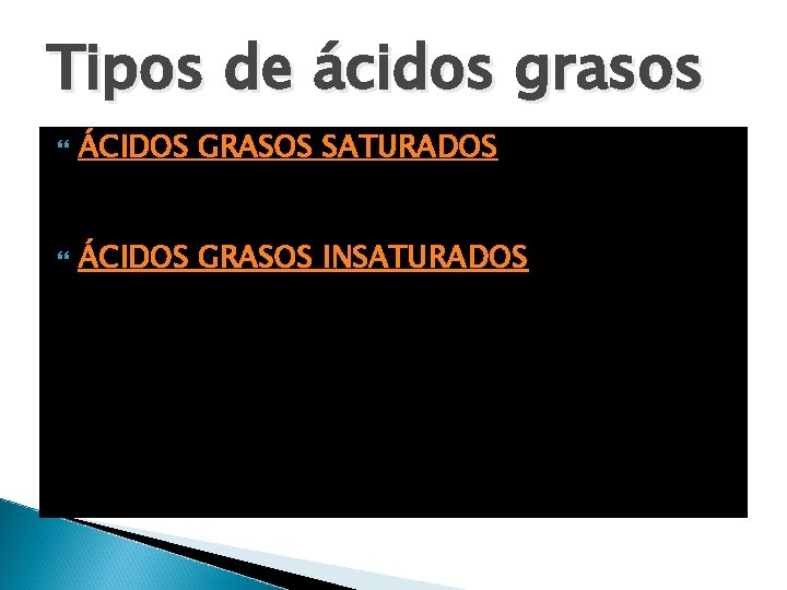 Tipos de ácidos grasos ÁCIDOS GRASOS SATURADOS ÁCIDOS GRASOS INSATURADOS 