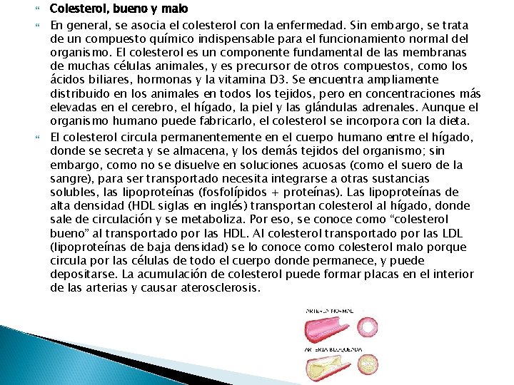  Colesterol, bueno y malo En general, se asocia el colesterol con la enfermedad.