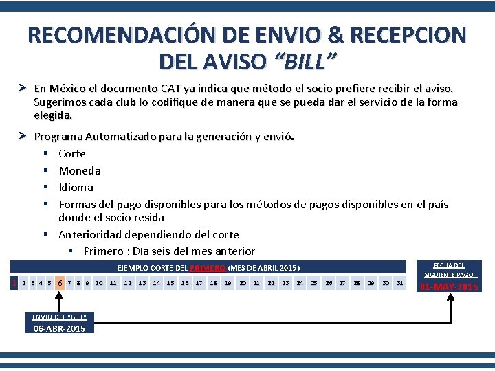 RECOMENDACIÓN DE ENVIO & RECEPCION DEL AVISO “BILL” Ø En México el documento CAT