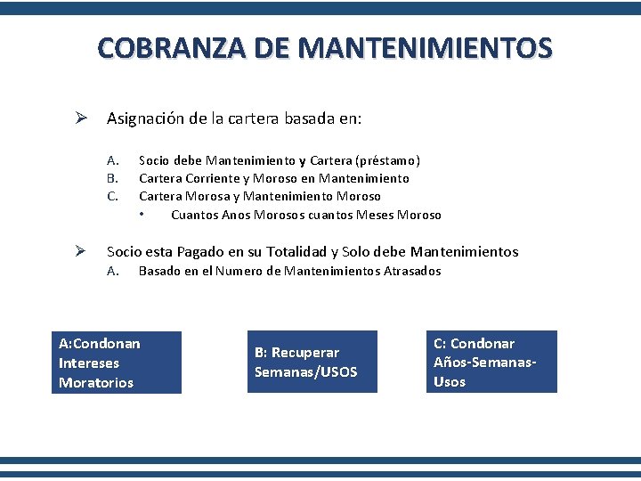 COBRANZA DE MANTENIMIENTOS Ø Asignación de la cartera basada en: A. B. C. Ø