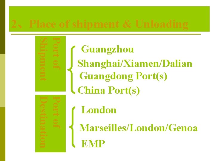 2、Place of shipment & Unloading Port of Shipment Port of Destination Guangzhou Shanghai/Xiamen/Dalian Guangdong 2、Place of shipment & Unloading Port of Shipment Port of Destination Guangzhou Shanghai/Xiamen/Dalian Guangdong