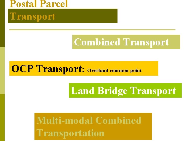 Postal Parcel Transport Combined Transport OCP Transport: Overland common point Land Bridge Transport Multi-modal Postal Parcel Transport Combined Transport OCP Transport: Overland common point Land Bridge Transport Multi-modal