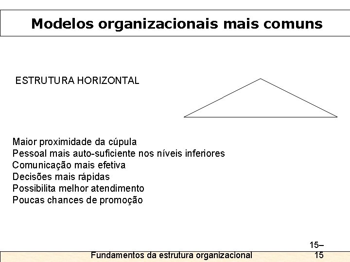 Modelos organizacionais mais comuns ESTRUTURA HORIZONTAL Maior proximidade da cúpula Pessoal mais auto-suficiente nos