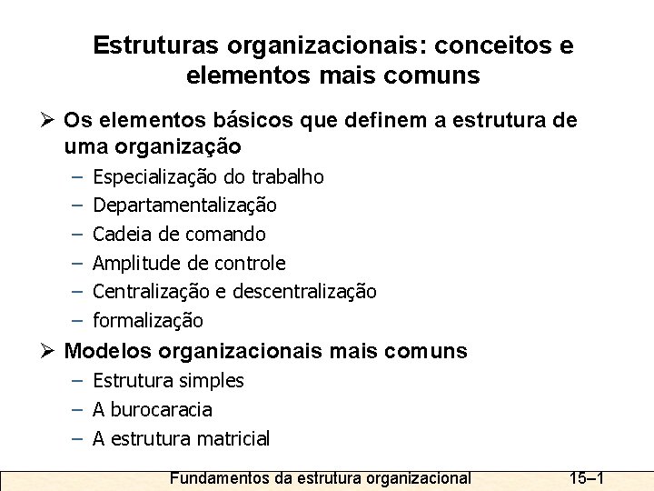 Estruturas organizacionais: conceitos e elementos mais comuns Ø Os elementos básicos que definem a