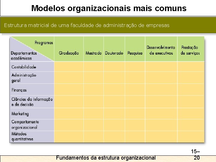 Modelos organizacionais mais comuns Estrutura matricial de uma faculdade de administração de empresas Fundamentos