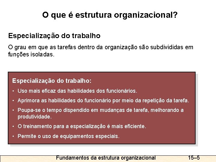 O que é estrutura organizacional? Especialização do trabalho O grau em que as tarefas
