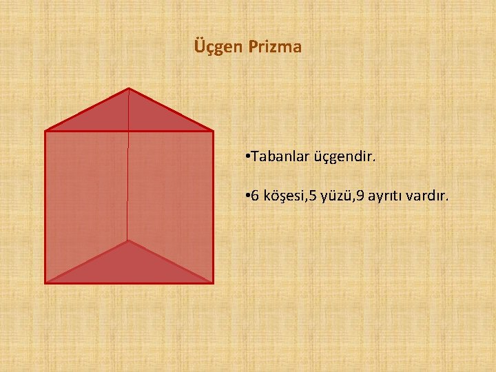 Üçgen Prizma • Tabanlar üçgendir. • 6 köşesi, 5 yüzü, 9 ayrıtı vardır. 