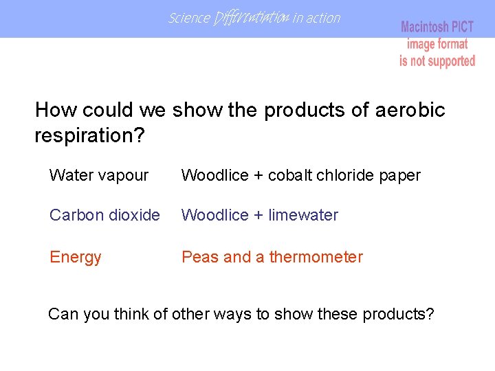 Science Differentiation in action How could we show the products of aerobic respiration? Water Science Differentiation in action How could we show the products of aerobic respiration? Water