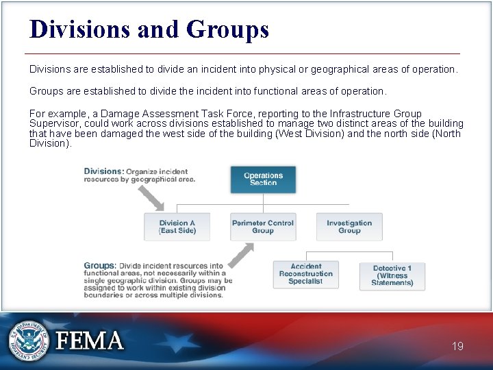 Divisions and Groups Divisions are established to divide an incident into physical or geographical