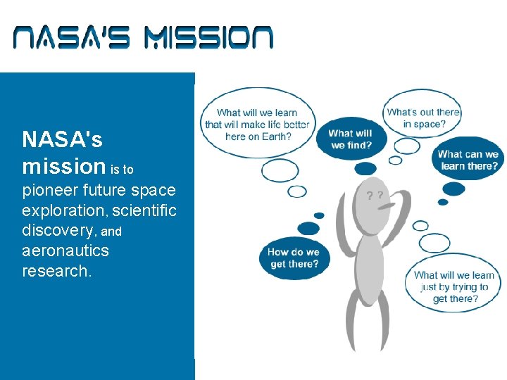 NASA’s Mission NASA's mission is to pioneer future space exploration, scientific discovery, and aeronautics