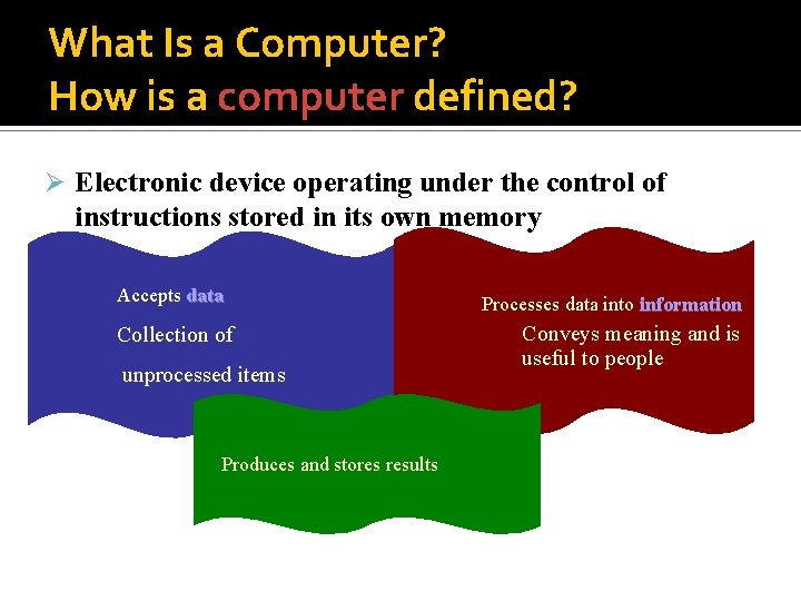 What Is a Computer? How is a computer defined? Ø Electronic device operating under