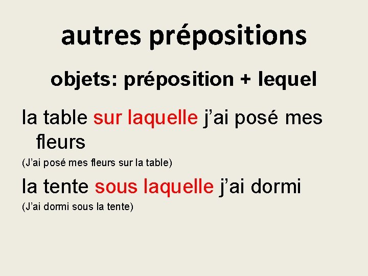 autres prépositions objets: préposition + lequel la table sur laquelle j’ai posé mes fleurs