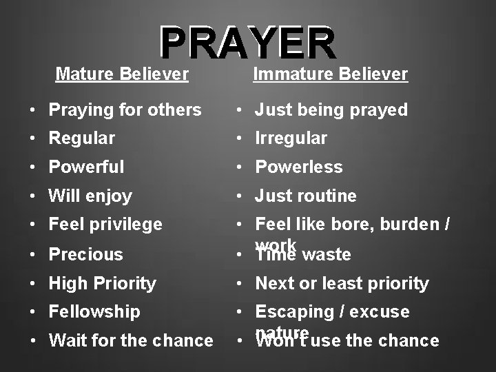 PRAYER Mature Believer Immature Believer • Praying for others • Just being prayed •