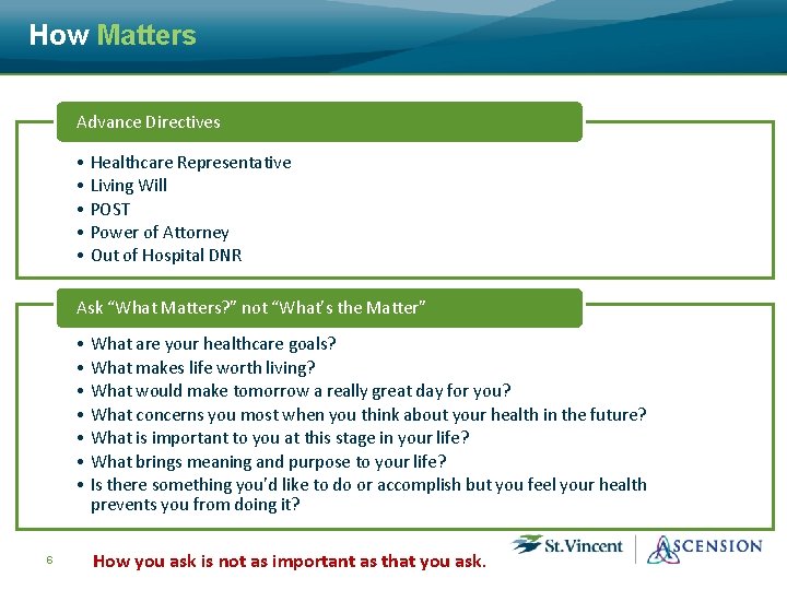 How Matters Advance Directives • Healthcare Representative • Living Will • POST • Power