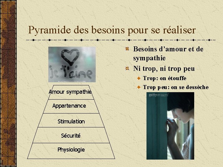 Pyramide des besoins pour se réaliser Besoins d’amour et de sympathie Ni trop, ni