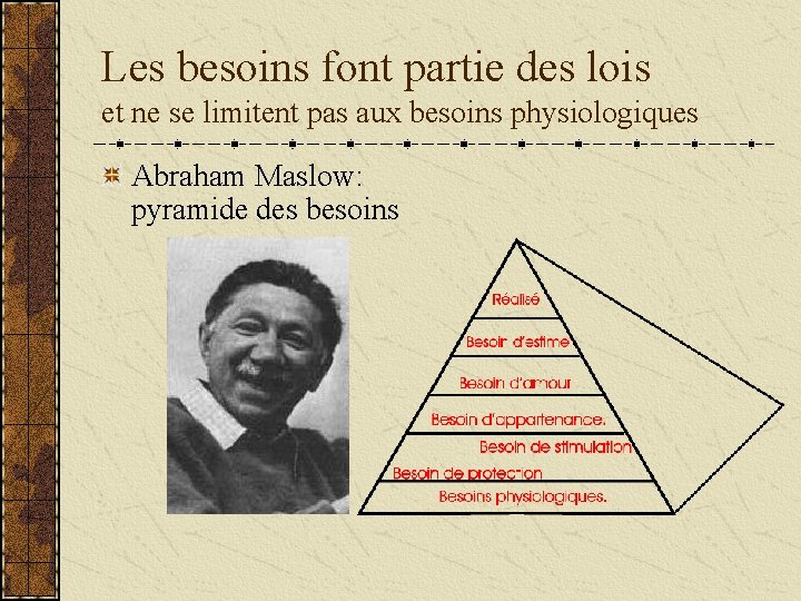 Les besoins font partie des lois et ne se limitent pas aux besoins physiologiques