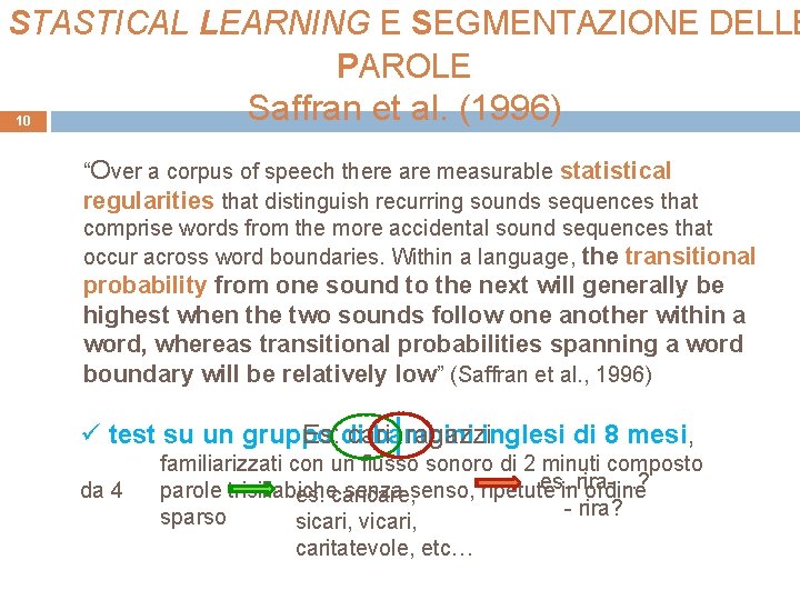 STASTICAL LEARNING E SEGMENTAZIONE DELLE PAROLE Saffran et al. (1996) 10 “Over a corpus