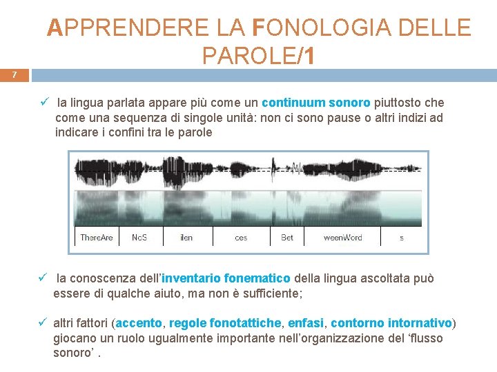 APPRENDERE LA FONOLOGIA DELLE PAROLE/1 7 ü la lingua parlata appare più come un