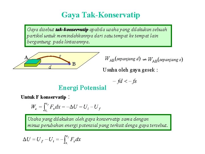 Gaya Tak-Konservatip Gaya disebut tak-konservatip apabila usaha yang dilakukan sebuah partikel untuk memindahkannya dari