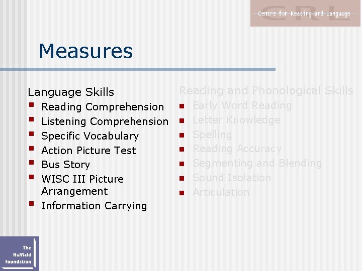 Measures Language Skills § § § § Reading Comprehension Listening Comprehension Specific Vocabulary Action