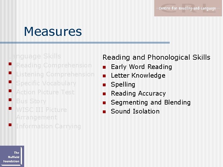 Measures Language Skills § § § § Reading Comprehension Listening Comprehension Specific Vocabulary Action