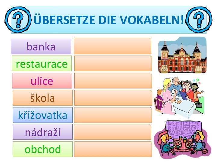 ÜBERSETZE DIE VOKABELN! banka die Bank restaurace das Restaurant ulice die Straße škola die