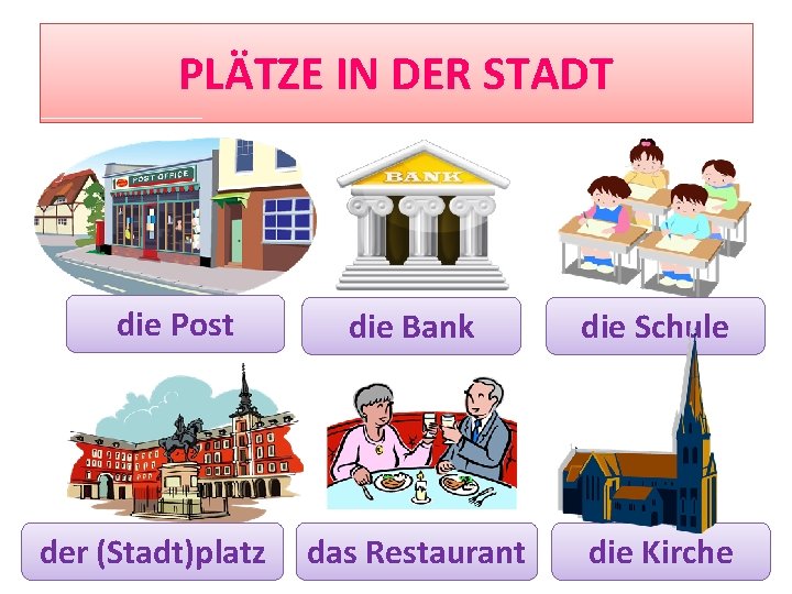 PLÄTZE IN DER STADT die Post der (Stadt)platz die Bank die Schule das Restaurant