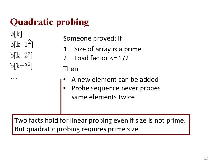 Quadratic probing b[k] b[k+12] b[k+22] b[k+32] … Someone proved: If 1. Size of array