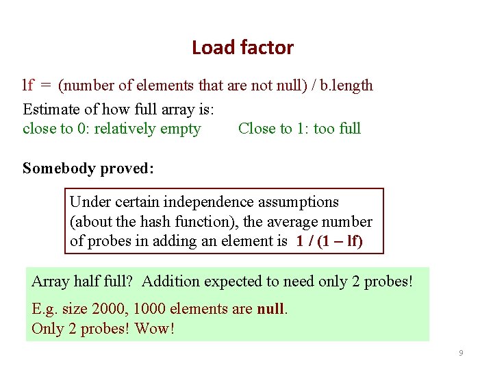Load factor lf = (number of elements that are not null) / b. length