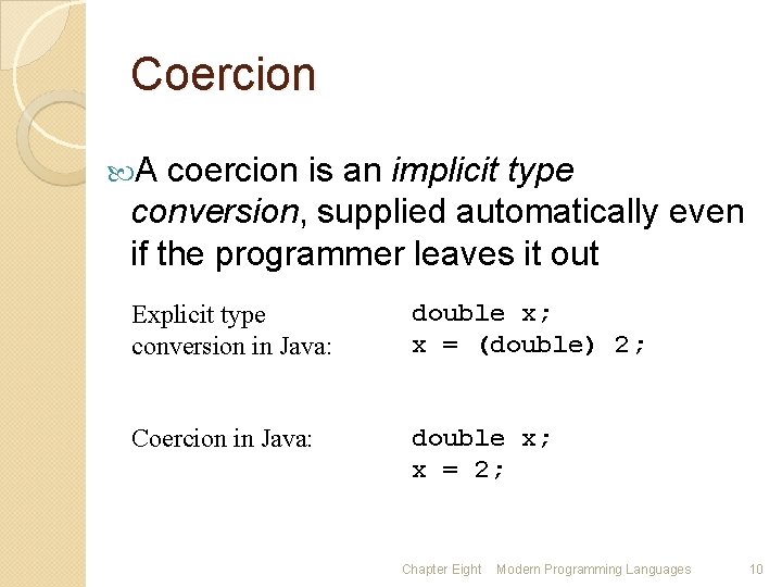 Coercion A coercion is an implicit type conversion, supplied automatically even if the programmer