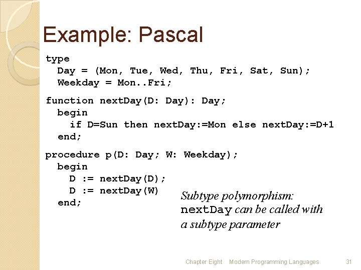 Example: Pascal type Day = (Mon, Tue, Wed, Thu, Fri, Sat, Sun); Weekday =