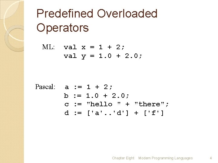 Predefined Overloaded Operators ML: Pascal: val x = 1 + 2; val y =