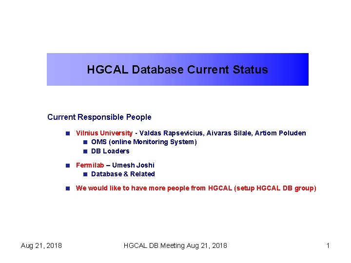 HGCAL Database Current Status Current Responsible People Vilnius University - Valdas Rapsevicius, Aivaras Silale,