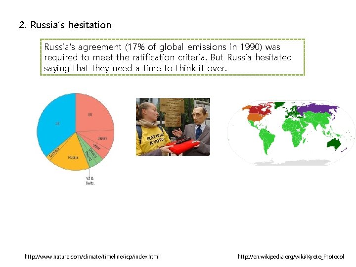 2. Russia’s hesitation Russia's agreement (17% of global emissions in 1990) was required to