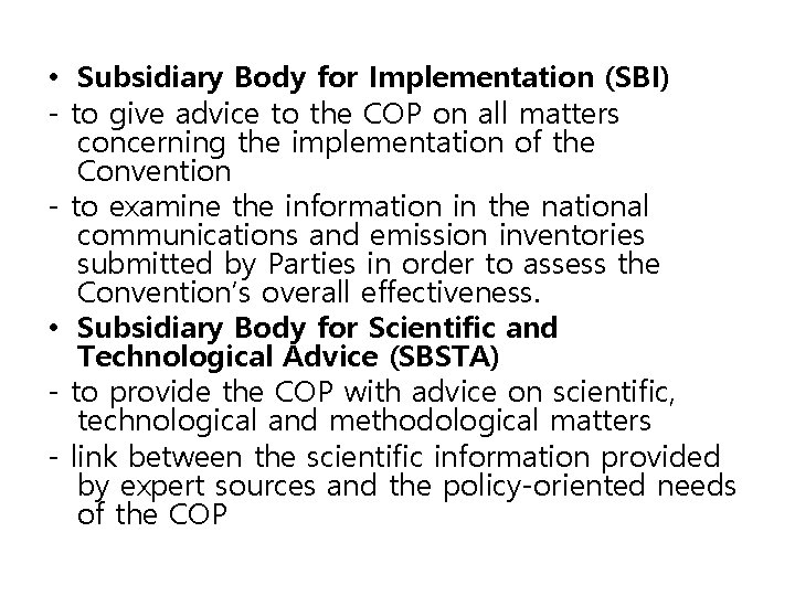  • Subsidiary Body for Implementation (SBI) - to give advice to the COP
